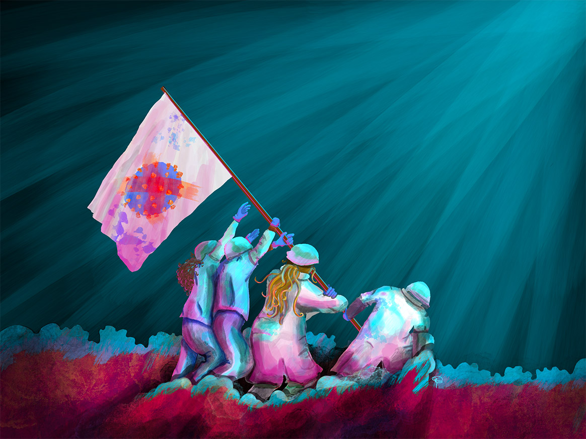 Healthcare workers with military attire struggle to put up a flag with Covid-Virus crossed out